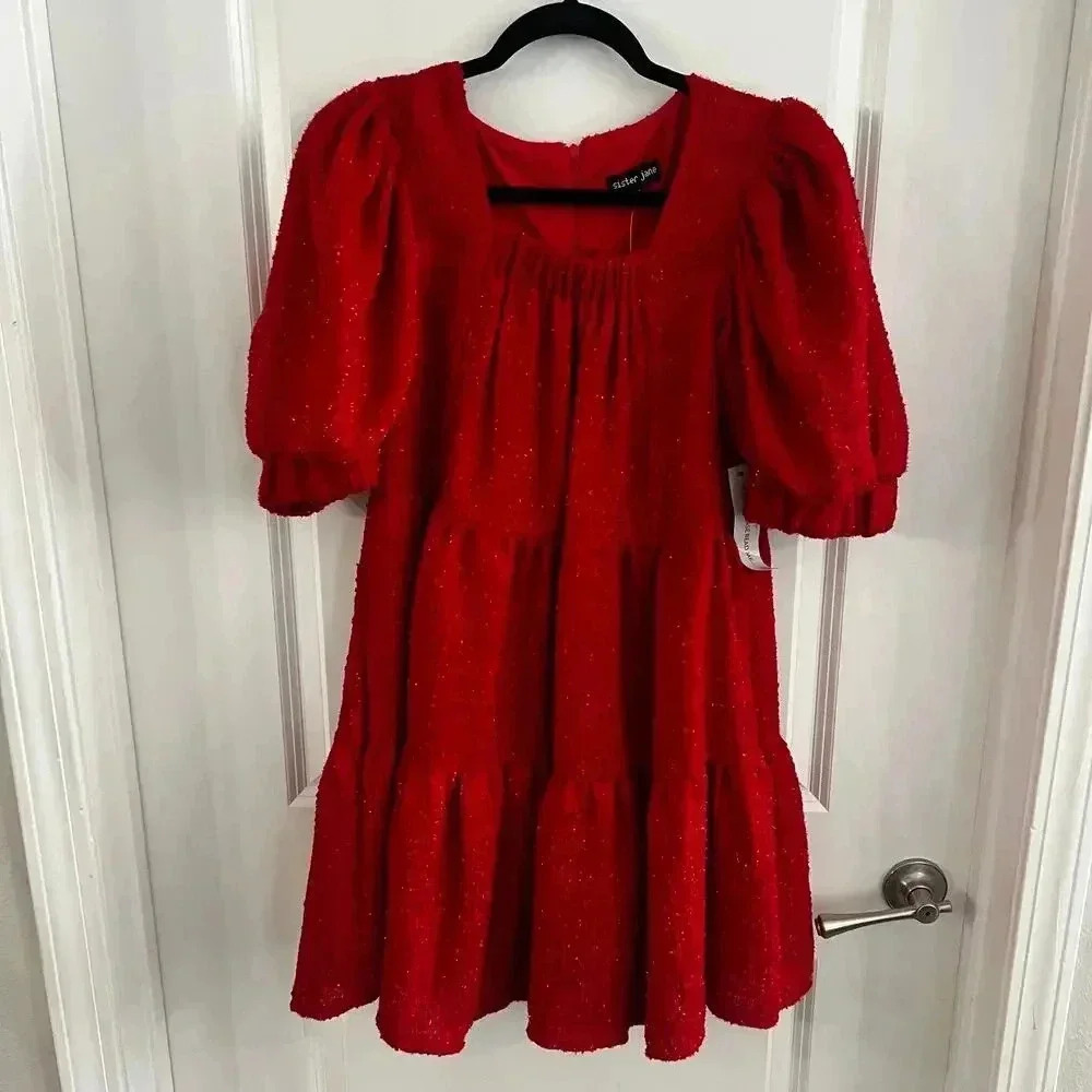 NWT Sister Jane Carina Red Tweed Mini Dress Size Medium Puff Sleeve Tiered - Picture 6 of 9